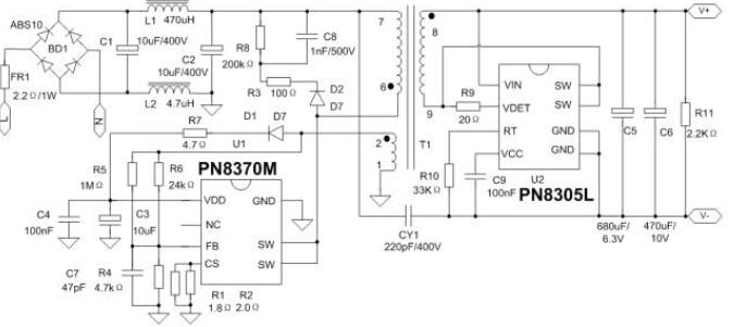 PN8370M+PN8305L小體積開關電源5v2a方案